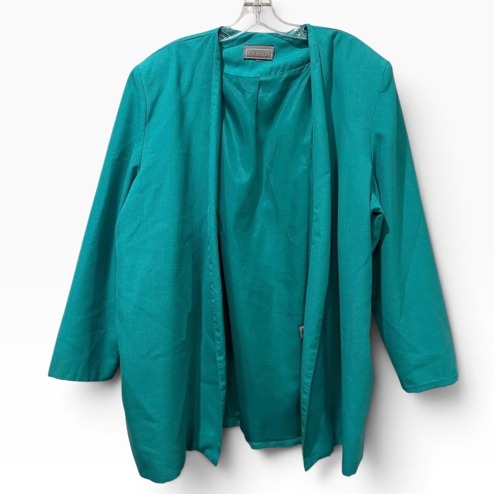 Liz Baker XL Vintage Teal Green Open Front Linen Blend Blazer Jacket Made in USA
